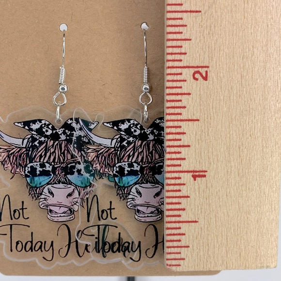 Clear Acrylic “Not Today Heifer” Cow Dangle Earrings - Picture 2 of 2